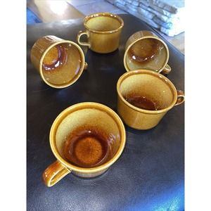 5 Piece Set Lot Vintage 1970s Taylor Smith Honey Gold Coffee Mugs Retro Diner